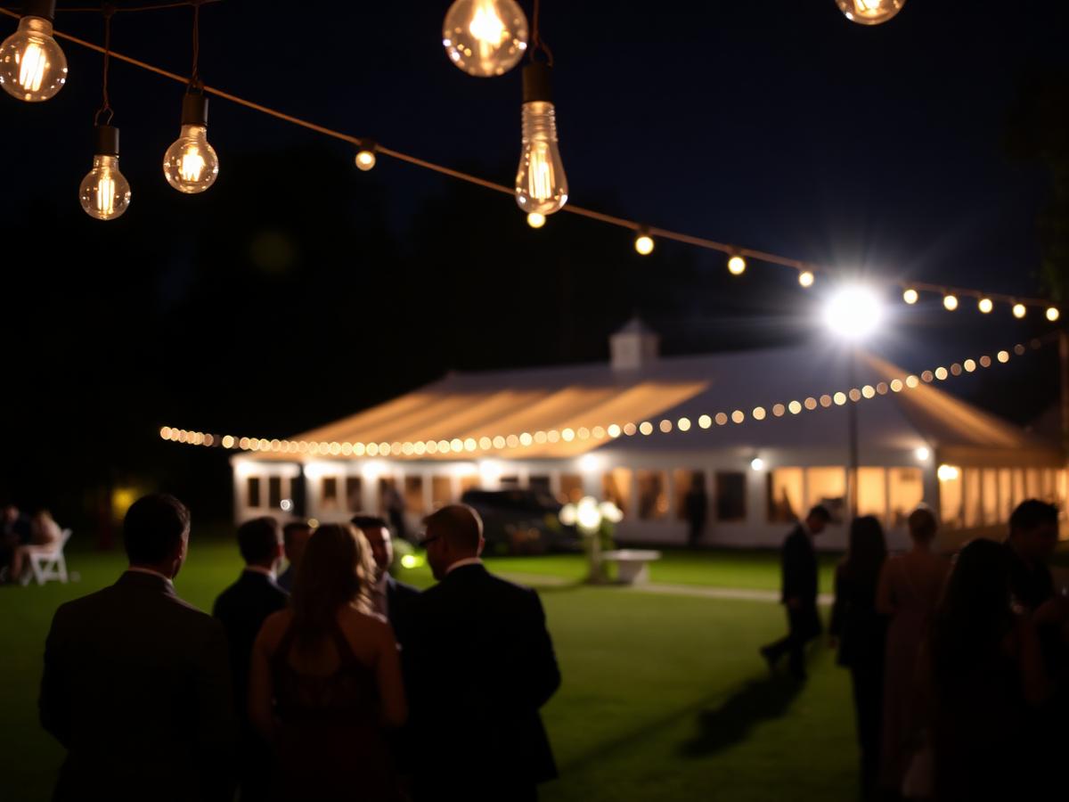 Lawn with string lights at night