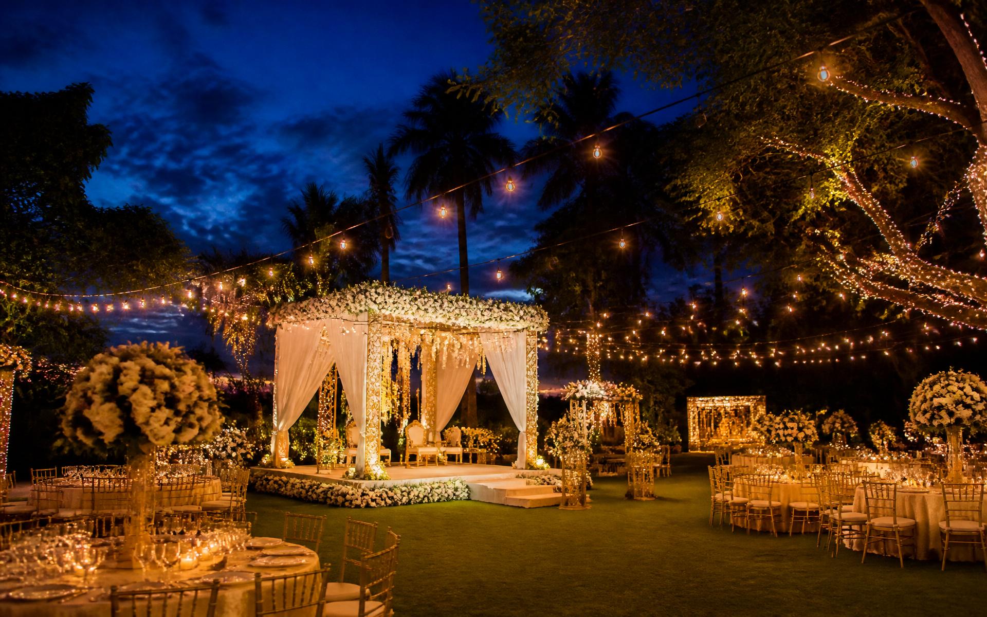 Apna Celebrations lawn at twilight